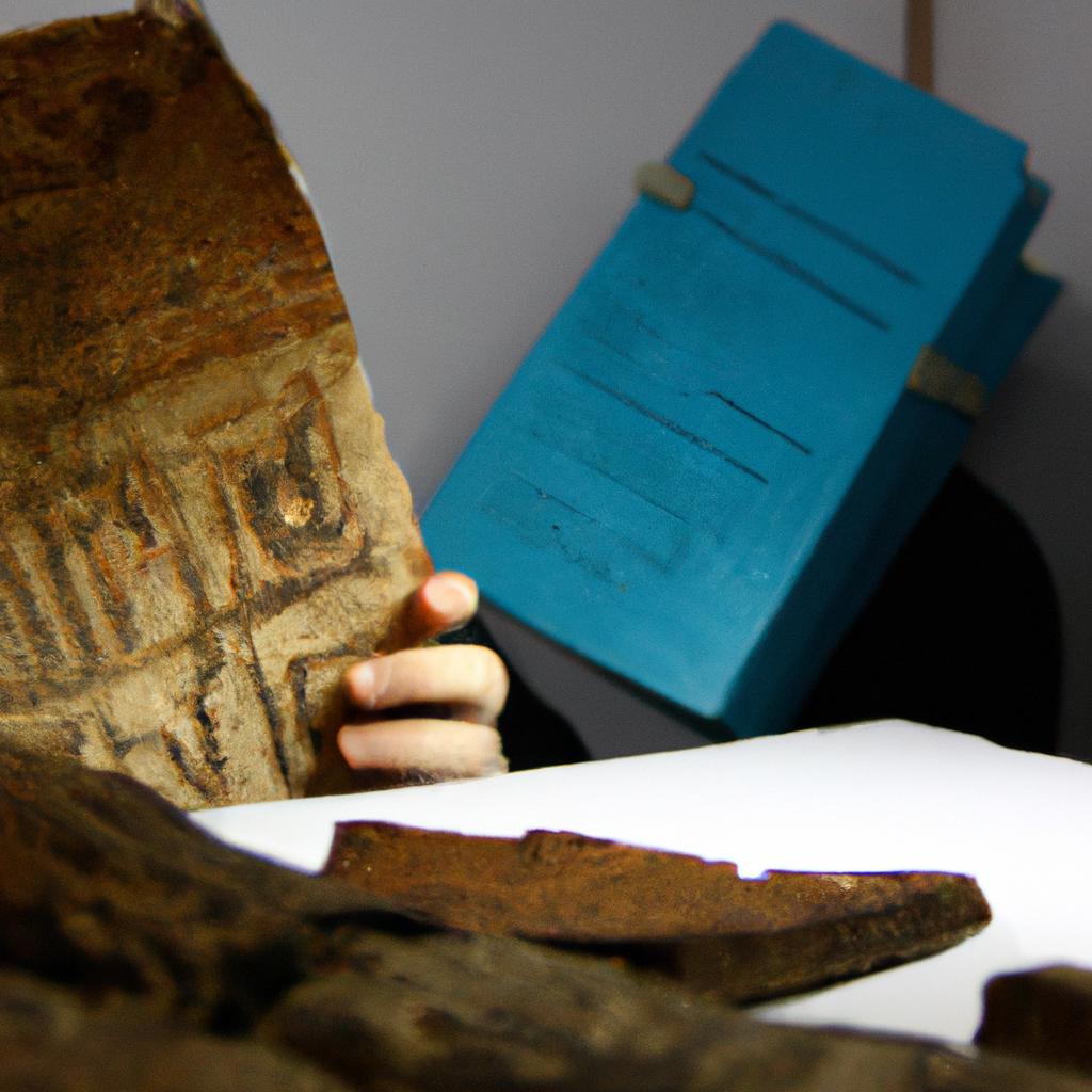 Person studying ancient artifacts and documents